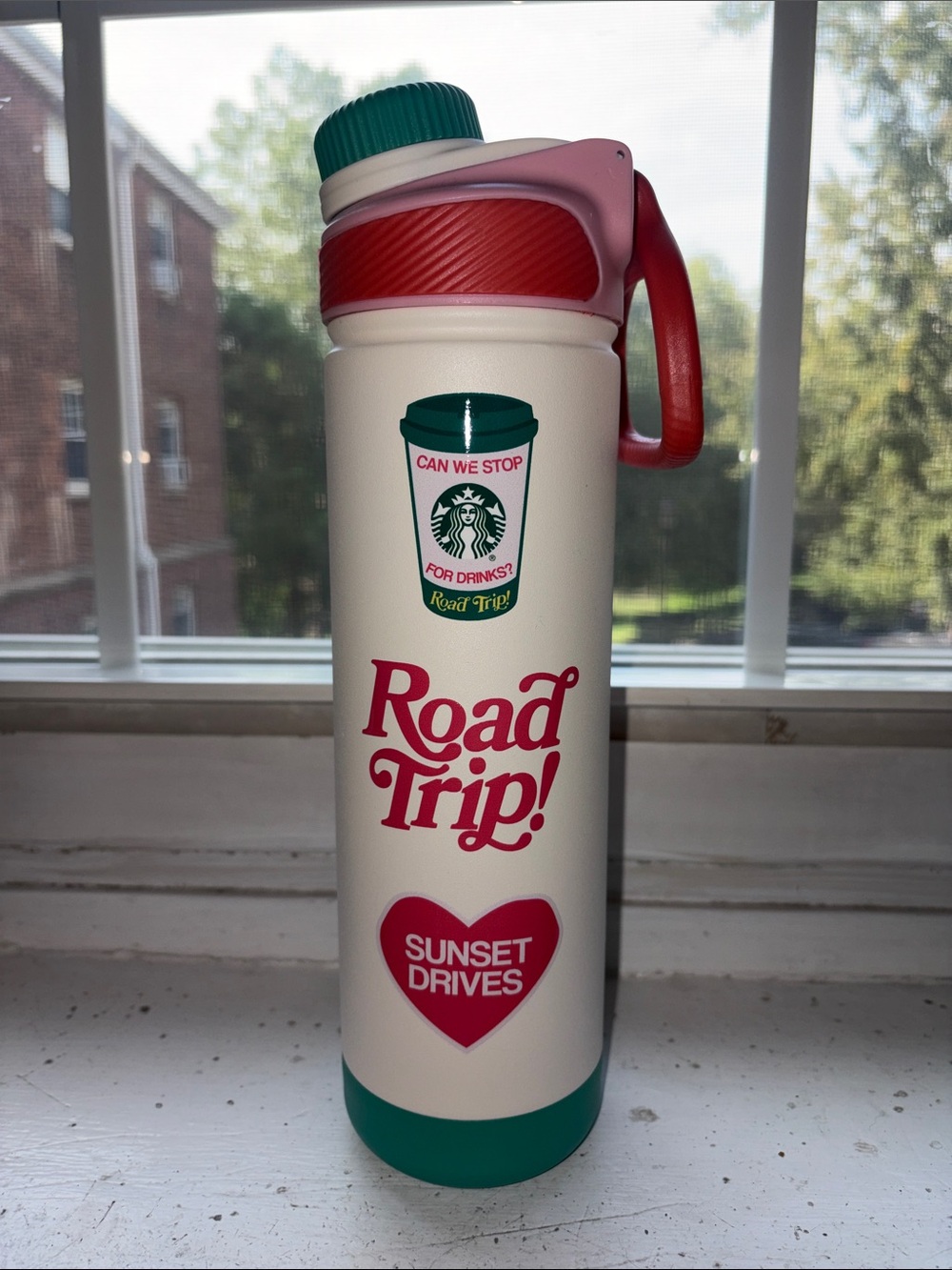 Dandy 26oz Starbucks White Travel Bottle with Teal and Red Accents